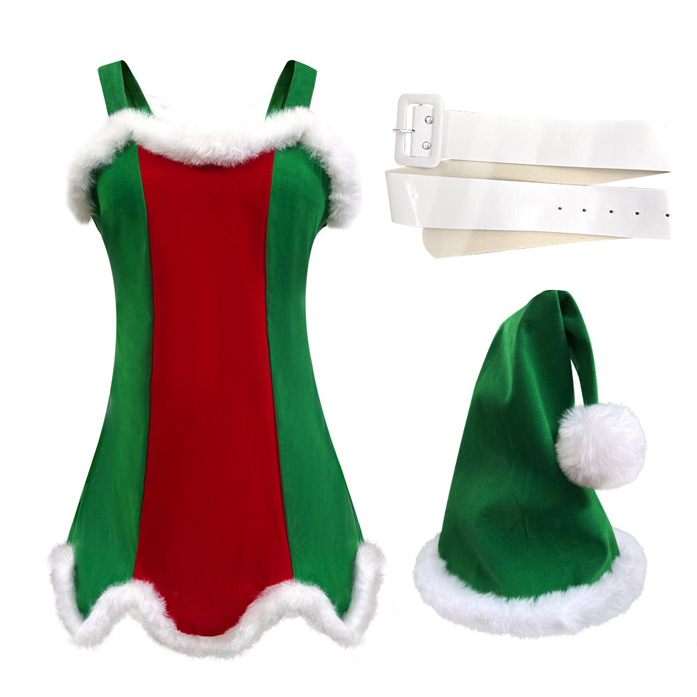 サンタクリスマス女性用コスチューム グリーンとレッドのエルフクリスマスコスチューム