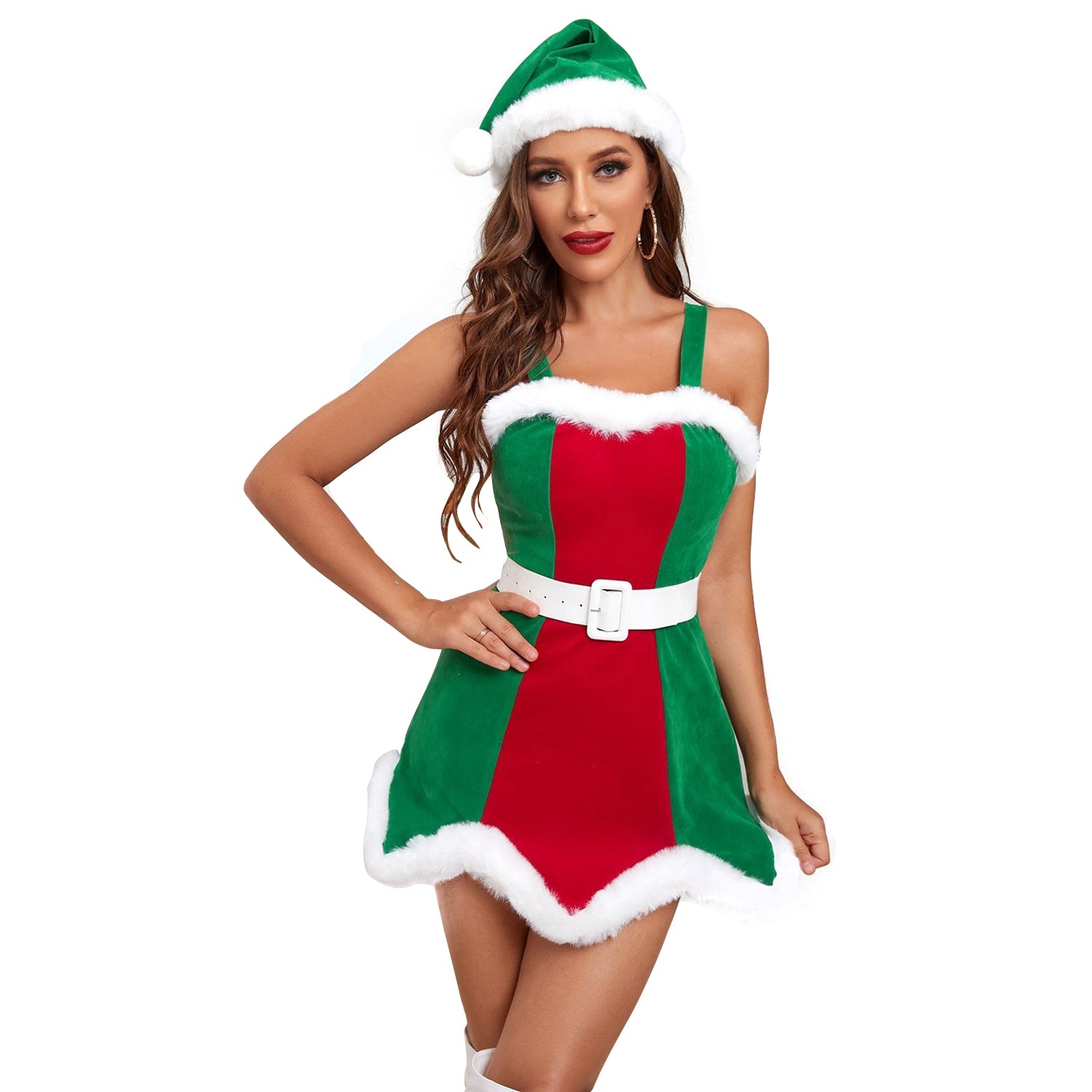 サンタクリスマス女性用コスチューム グリーンとレッドのエルフクリスマスコスチューム